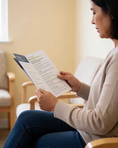 Une femme assise sur une chaise lit un document ou un dépliant pendant qu'elle attend dans un espace d'accueil.