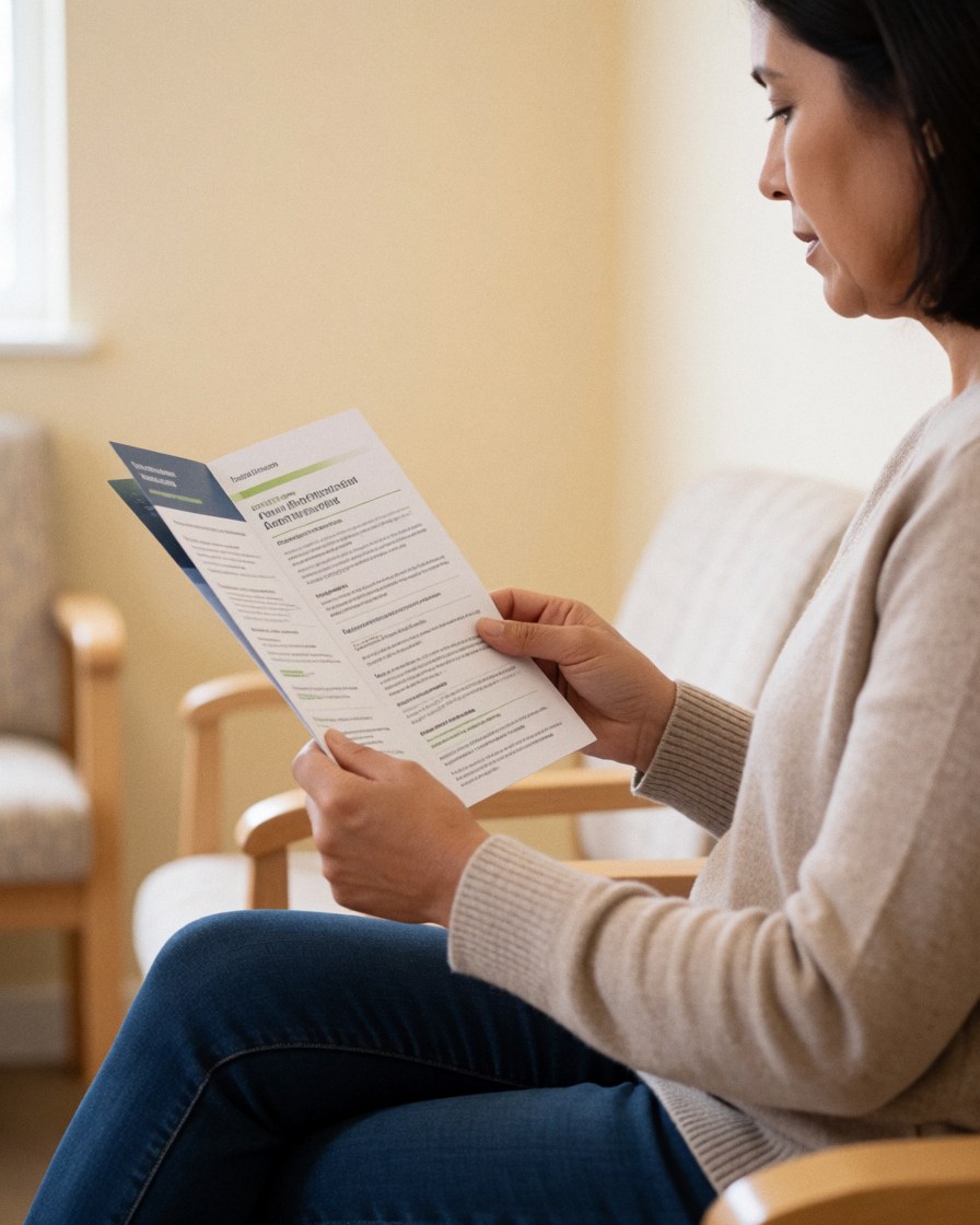 Une femme assise sur une chaise lit un document ou un dépliant pendant qu'elle attend dans un espace d'accueil.