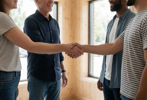 Deux personnes se serrent la main dans un espace de coworking lumineux avec panneaux en bois et collègues souriants en arrière-plan.