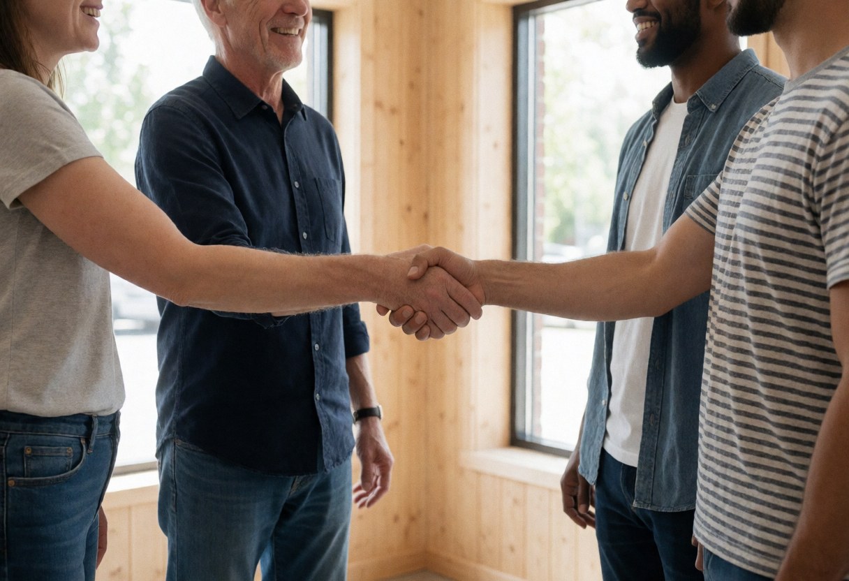 Deux personnes se serrent la main dans un espace de coworking lumineux avec panneaux en bois et collègues souriants en arrière-plan.