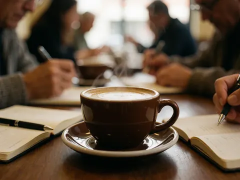 Une tasse de café posée à côté d'un carnet et d'un stylo sur une table en bois, évoquant le travail ou la pause.