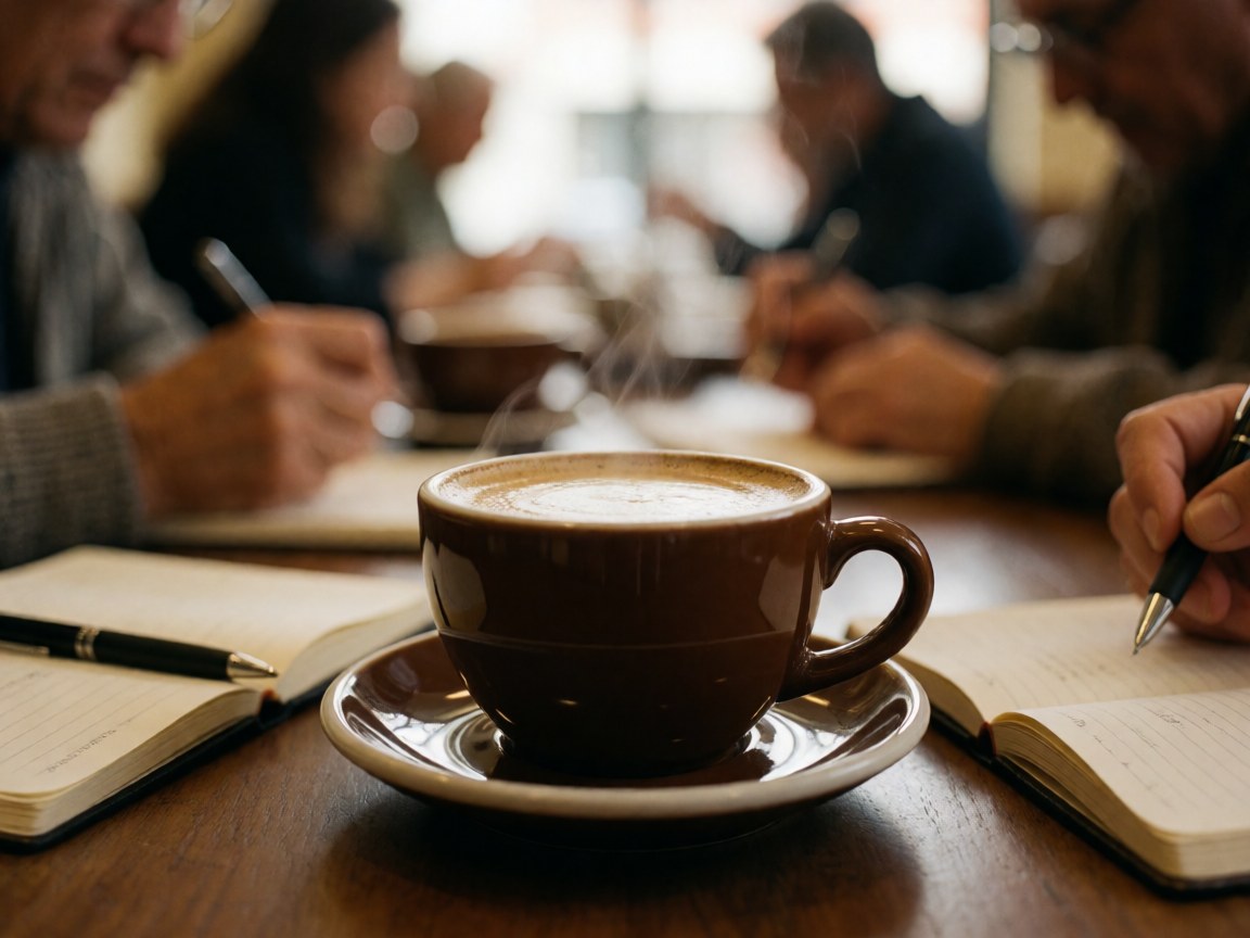 Une tasse de café posée à côté d'un carnet et d'un stylo sur une table en bois, évoquant le travail ou la pause.