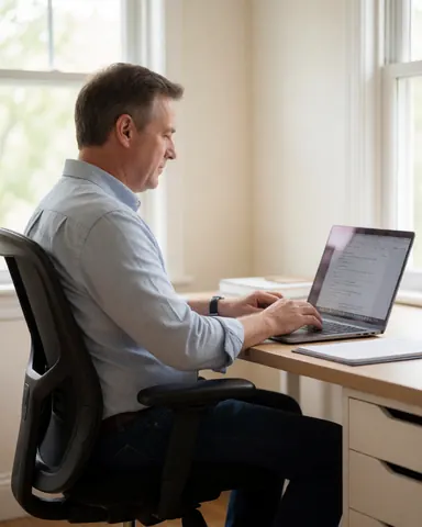 Un homme est assis à un bureau en bois, concentré sur son travail devant un écran d'ordinateur dans un environnement lumineux.