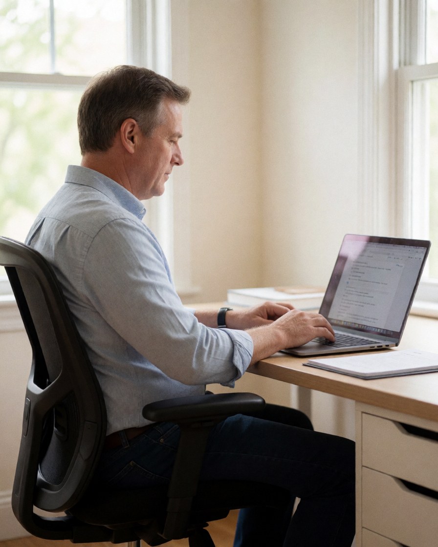 Un homme est assis à un bureau en bois, concentré sur son travail devant un écran d'ordinateur dans un environnement lumineux.