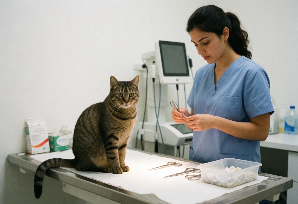Un chat tabby est examiné sur une table d'examen dans une clinique vétérinaire moderne, entouré d'instruments médicaux et chirurgicaux.