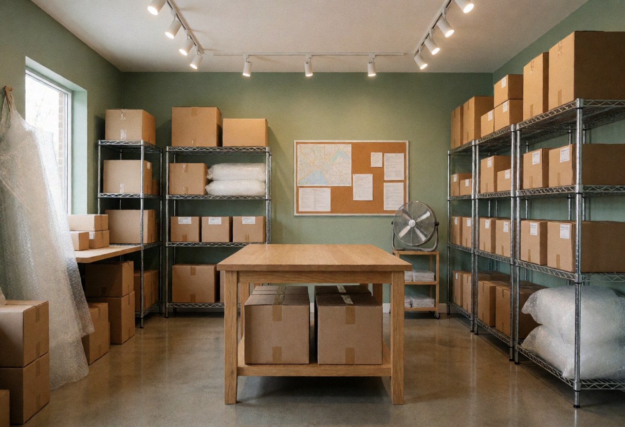 Intérieur d'un studio d'expédition en ligne avec murs verts, sol en béton poli, table en bois, étagères métalliques remplies de cartons, ventilateur industriel et tableau d'affichage.