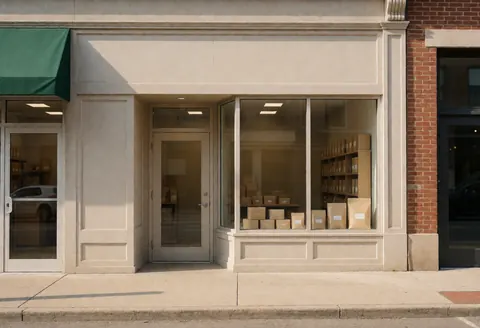 Façade d'une boutique en ligne présentant une vitrine et une porte, avec des colis visibles à l'intérieur, créant une ambiance chaleureuse dans des tons neutres éclairés par la lumière naturelle.