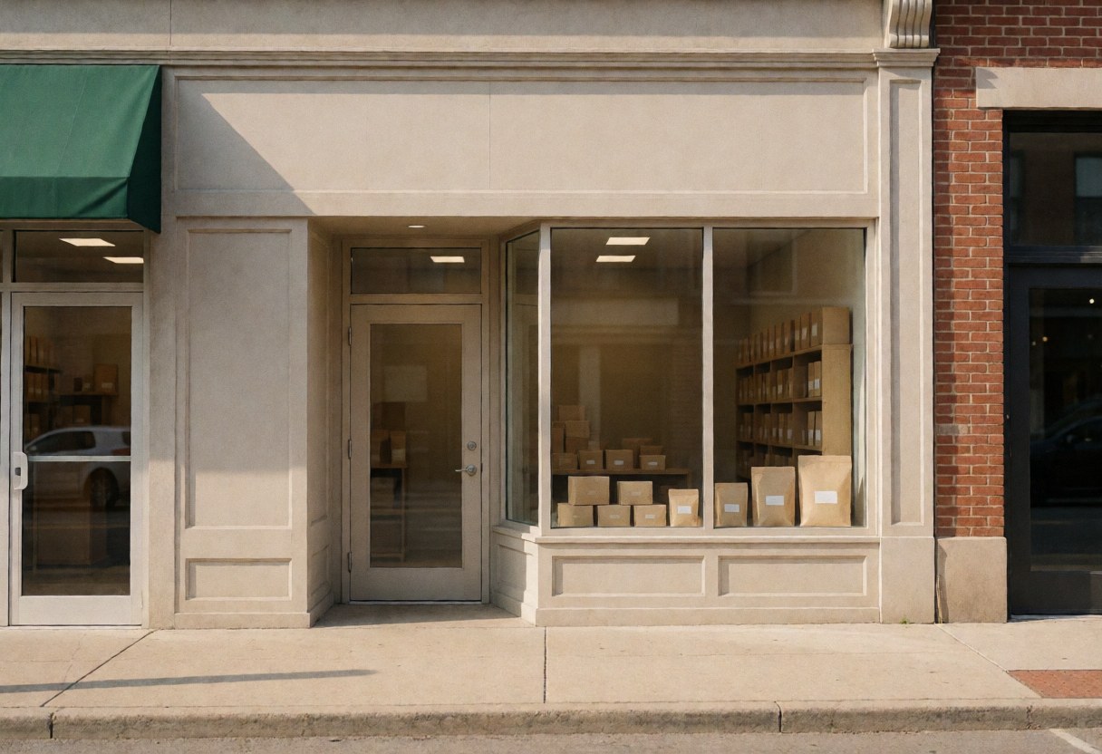 Façade d'une boutique en ligne présentant une vitrine et une porte, avec des colis visibles à l'intérieur, créant une ambiance chaleureuse dans des tons neutres éclairés par la lumière naturelle.