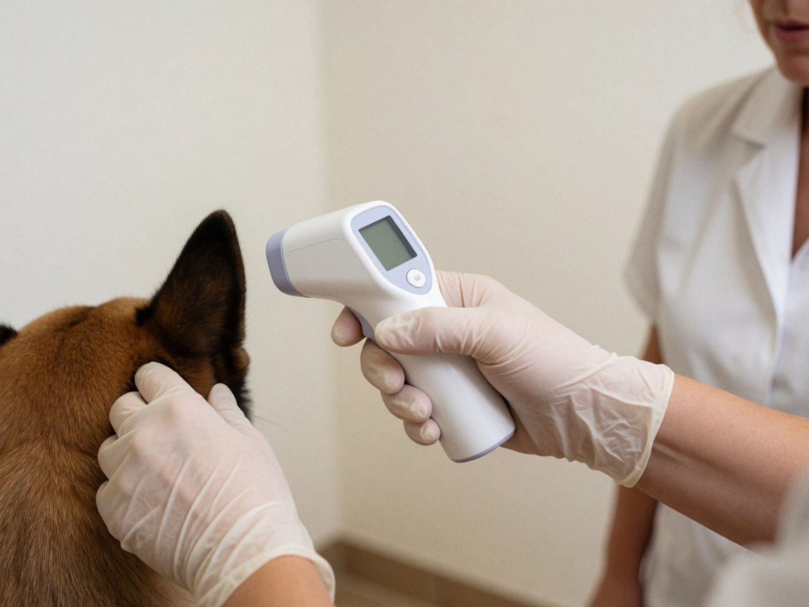 Main gantée tenant un thermomètre près de l'oreille du chien sur fond blanc clinique.
