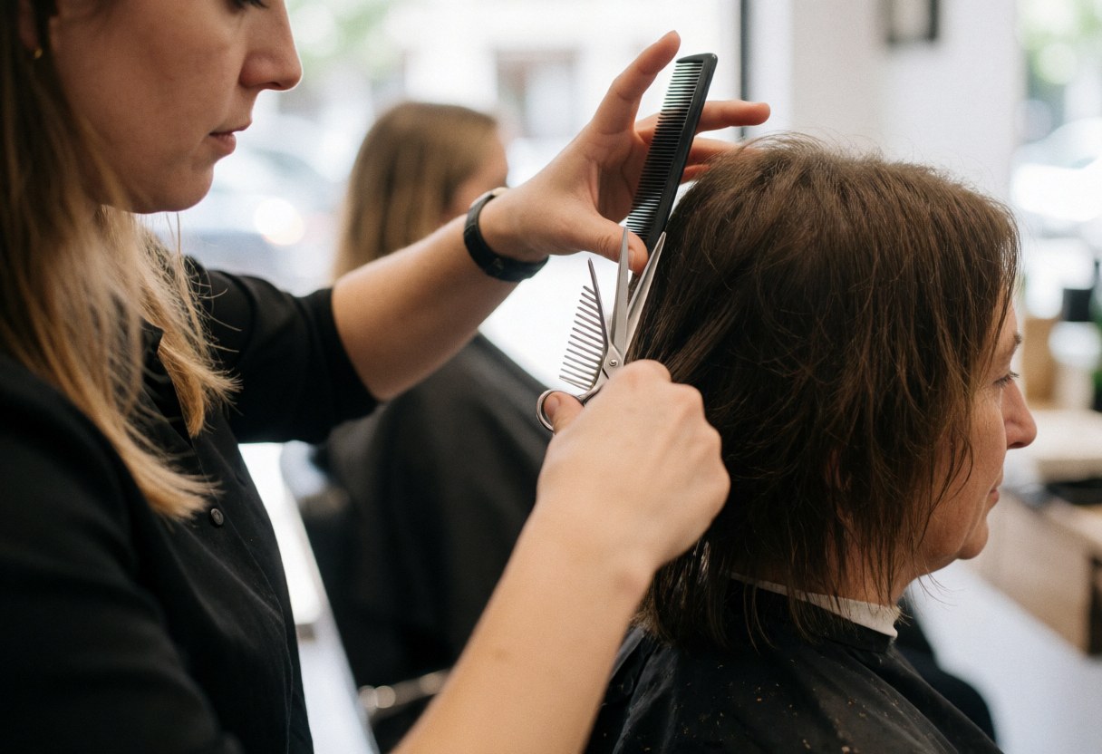 Un coiffeur affine la coupe d'un client assis en utilisant des ciseaux et un peigne dans un salon professionnel.