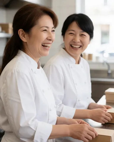 Deux femmes chefs pâtissières en uniforme blanc sourient dans une boulangerie avec des outils de travail et un four en arrière-plan flou.