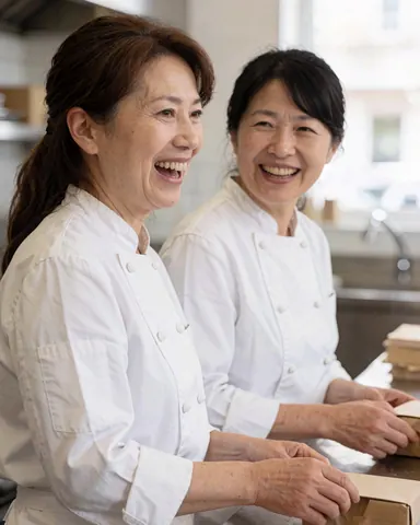 Deux femmes chefs pâtissières en uniforme blanc sourient dans une boulangerie avec des outils de travail et un four en arrière-plan flou.