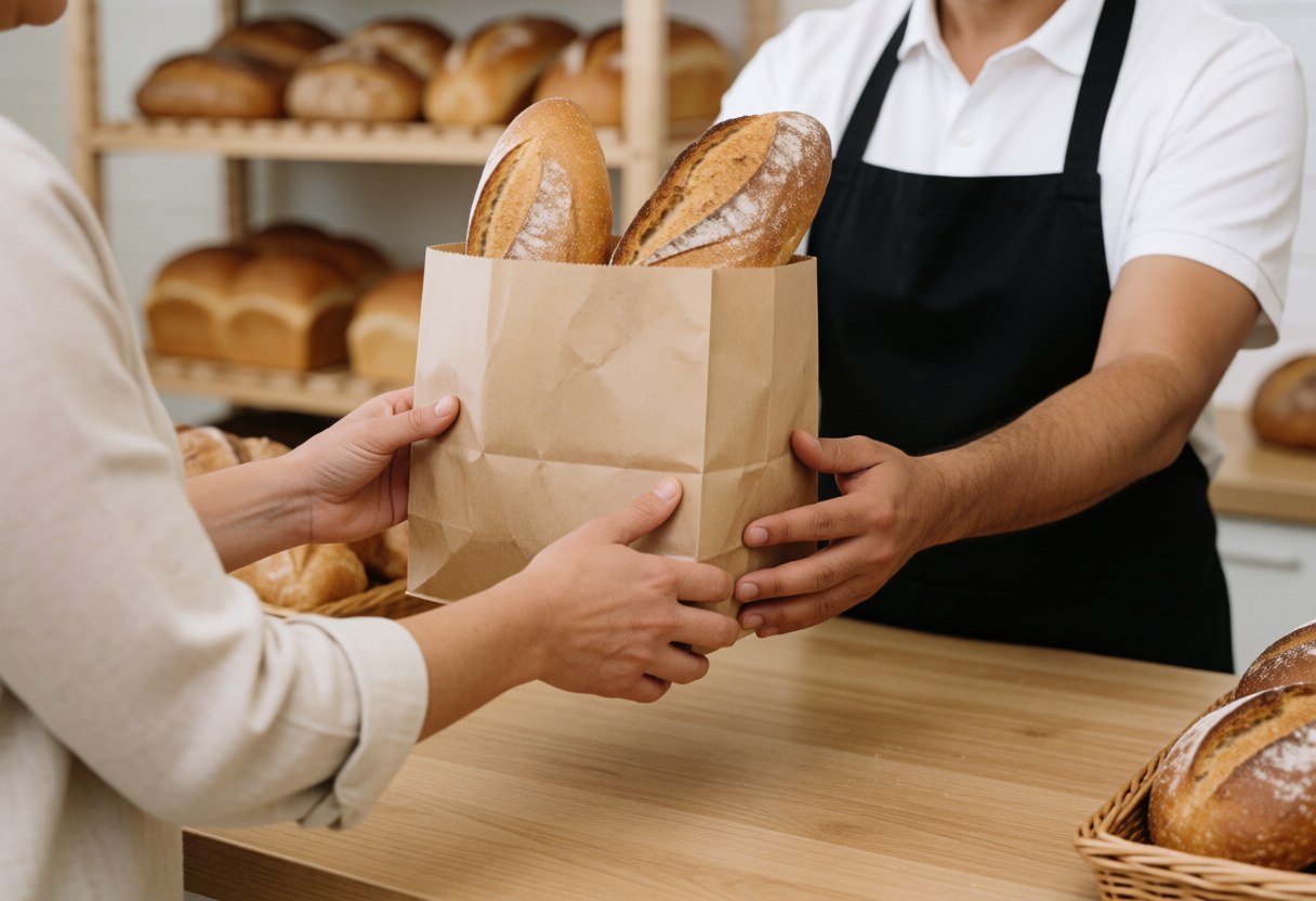 Un employé de la boulangerie sert un client heureux derrière le comptoir en bois.