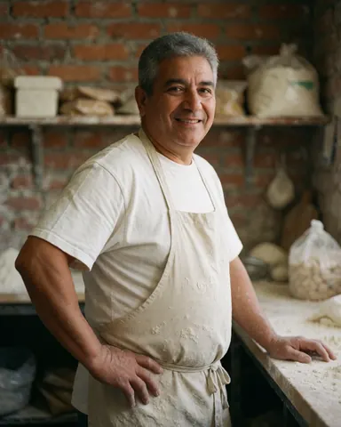 Panetier mexicain fier souriant dans sa cuisine en briques avec du farine sur son tablier blanc.