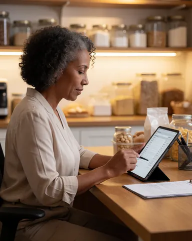 Une femme gérante examine des commandes sur une tablette dans un environnement de travail lié à la boulangerie et la pâtisserie.