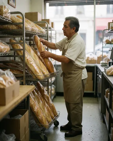 Un boulanger âgé range des baguettes sur une étagère métallique dans une boulangerie, avec des caisses et une fenêtre en arrière-plan.