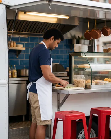 Un chef prépare des ingrédients frais sur le comptoir d'un food truck, utilisant un couteau pour couper les aliments dans une cuisine propre et bien éclairée.