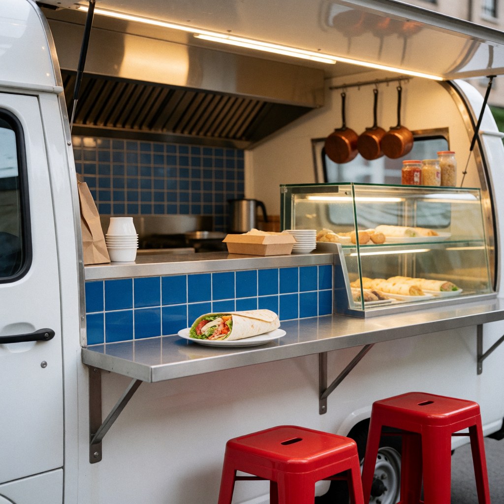 Un wrap frais et appétissant posé sur un comptoir en acier inoxydable avec des carreaux bleus et des chaises rouges en arrière-plan.