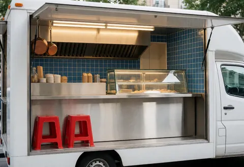 Food truck équipé d'une vitrine alimentaire, d'un comptoir en acier inoxydable, de carreaux bleus, de lumières LED et de deux chaises rouges.