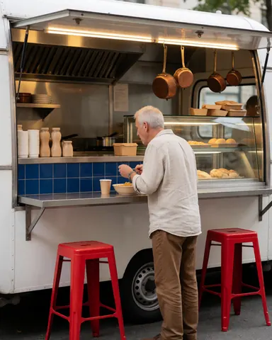 Un client masculin savoure son repas debout près du comptoir d'un food truck avec des chaises rouges en arrière-plan.