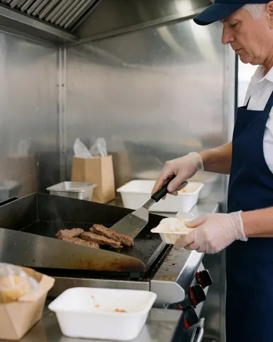 Un cuisinier adulte cuit de la viande sur une plaque en acier inoxydable à l'intérieur d'un food truck propre et professionnel.