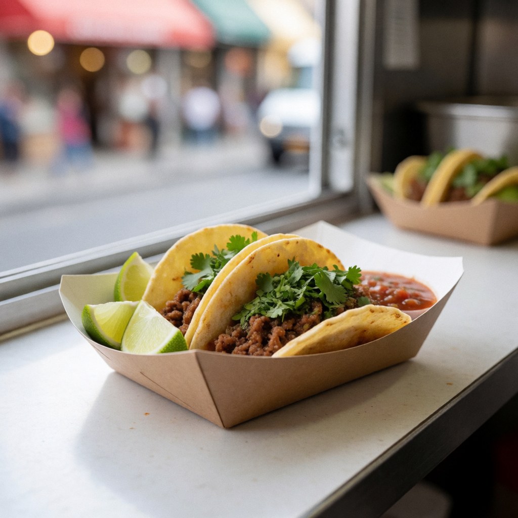 Des tacos à la viande posés sur du papier, accompagnés de citron vert, de coriandre et de sauce rouge, sur le comptoir d'un camion de nourriture avec un fond urbain flou.