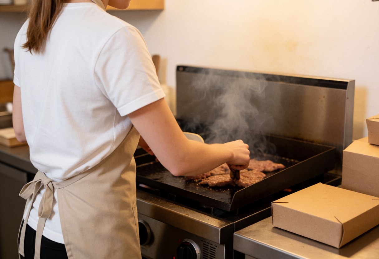 Vue rapprochée de la cuisson d'aliments sur une plancha chaude avec fumée s'élevant, dans le cadre d'un service en action.