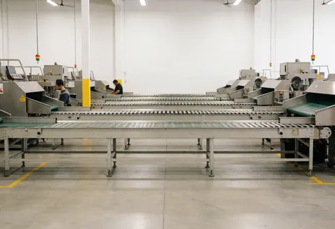 Vue d'une zone de tri au sein d'un centre logistique moderne avec des bandes transporteuses, du matériel industriel et du personnel en train de travailler.