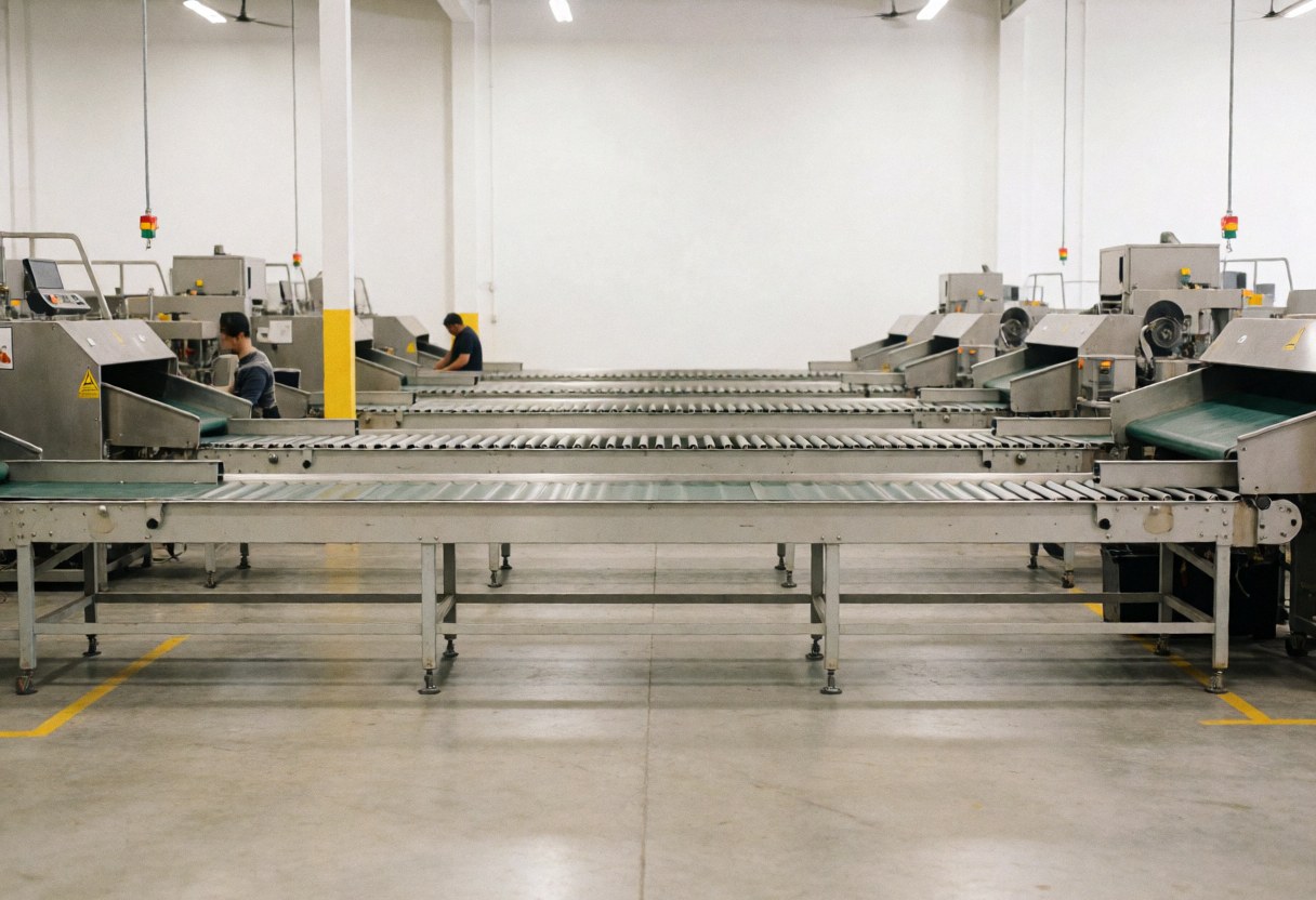 Vue d'une zone de tri au sein d'un centre logistique moderne avec des bandes transporteuses, du matériel industriel et du personnel en train de travailler.