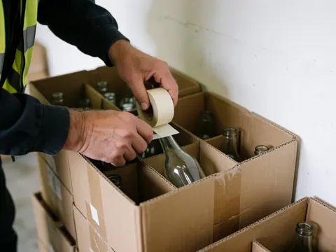 Une main adulte pose du ruban adhésif sur une boîte en carton contenant des bouteilles en verre dans un entrepôt. Mur blanc et équipements de sécurité visibles.