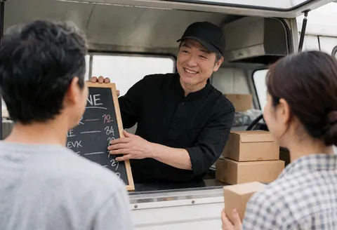 Un serveur souriant explique le menu à un client dans un food truck, offrant un service attentionné et professionnel.