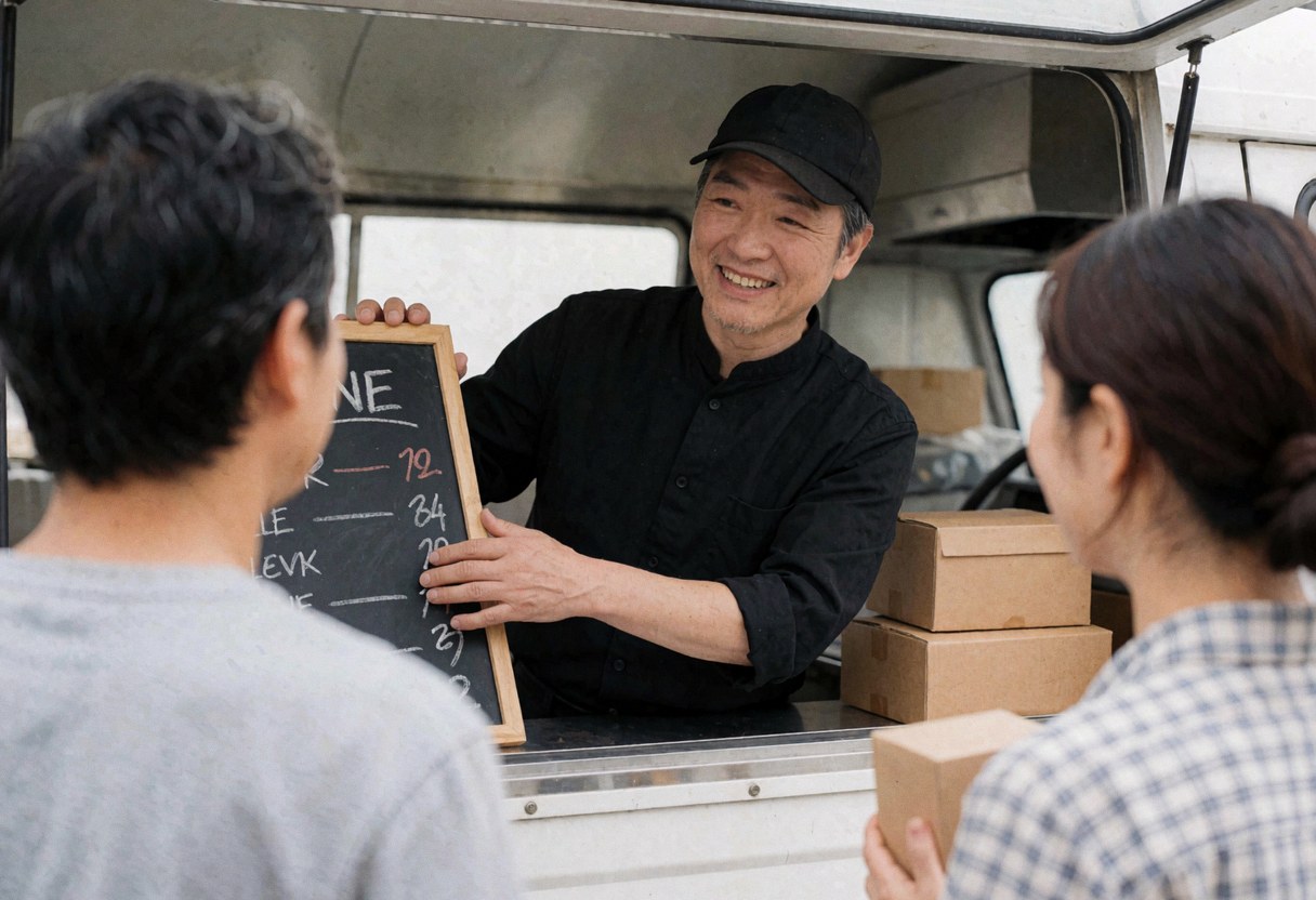 Un serveur souriant explique le menu à un client dans un food truck, offrant un service attentionné et professionnel.