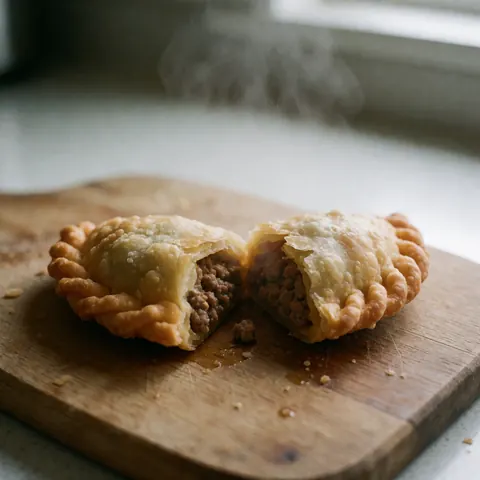 Une empanada dorée et croustillante, fraîchement préparée et garnie de viande hachée, présentée sur une planche en bois avec un fond flou lumineux.