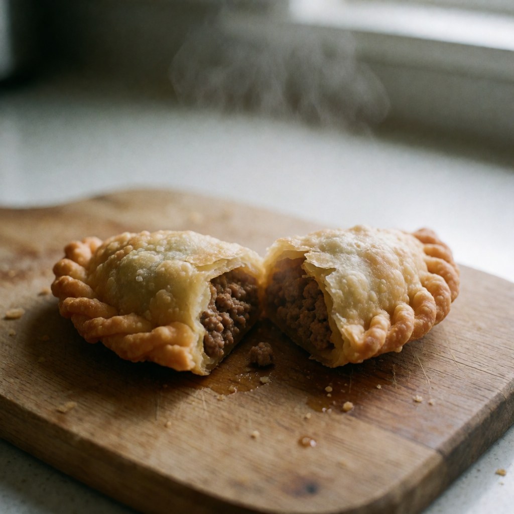 Une empanada dorée et croustillante, fraîchement préparée et garnie de viande hachée, présentée sur une planche en bois avec un fond flou lumineux.