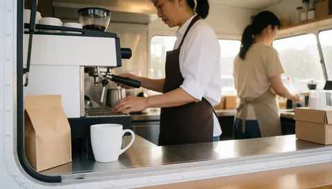 Vue d'une station de préparation de café matinal avec une machine à café, une tasse et des éléments de service.