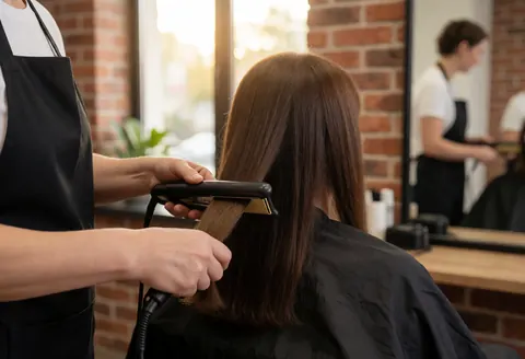 Un coiffeur en tablier noir utilise un fer à lisser sur les longs cheveux bruns d'une cliente dans un salon aux murs de briques et à la lumière chaude.