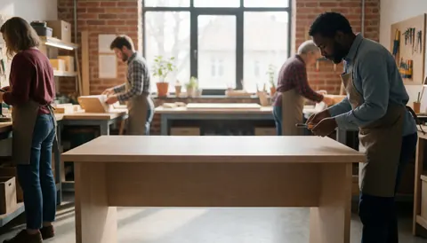 Un bureau en bois brut posé sur une table de travail dans un atelier bien éclairé, avec des outils de menuiserie visibles.