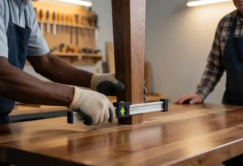 Un artisan portant des gants ajuste une patte de table en bois dans un atelier avec des outils en arrière-plan, éclairage chaud et mur gris.