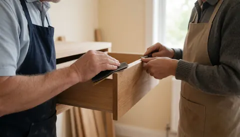 Deux artisans travaillent ensemble sur un meuble en bois dans un atelier baigné de lumière naturelle avec des murs beige.