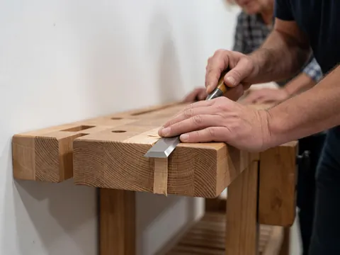 Mains d'un artisan travaillant le bois avec un couteau de charpentier, révélant la texture du grain et le détail de la coupe dans un atelier.