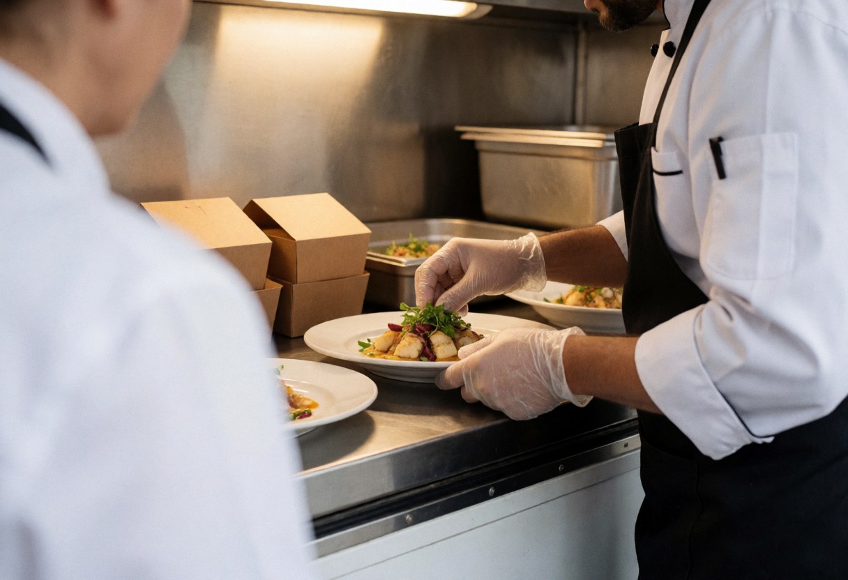 Un chef professionnel en uniforme blanc utilise des gants pour finaliser l'assiette dans un environnement de cuisine propre et organisé.