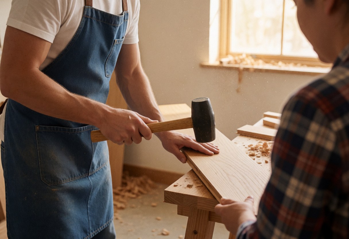 Un menuisier en tablier bleu martèle un panneau de bois clair dans un atelier éclairé par la lumière naturelle, des copeaux sont visibles et une autre personne observe.