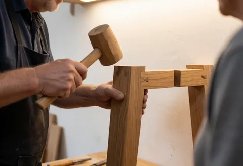 Vue rapprochée montrant des joints de bois précis et bien ajustés, mettant en évidence la qualité du travail artisanal et la texture naturelle du matériau.