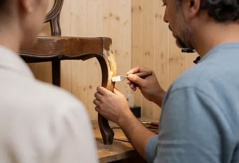 Un restaurateur applique avec précision un remplissage sur une chaise en bois ancien à l'aide d'un outil dans un atelier aux murs de bois et à la lumière chaude.