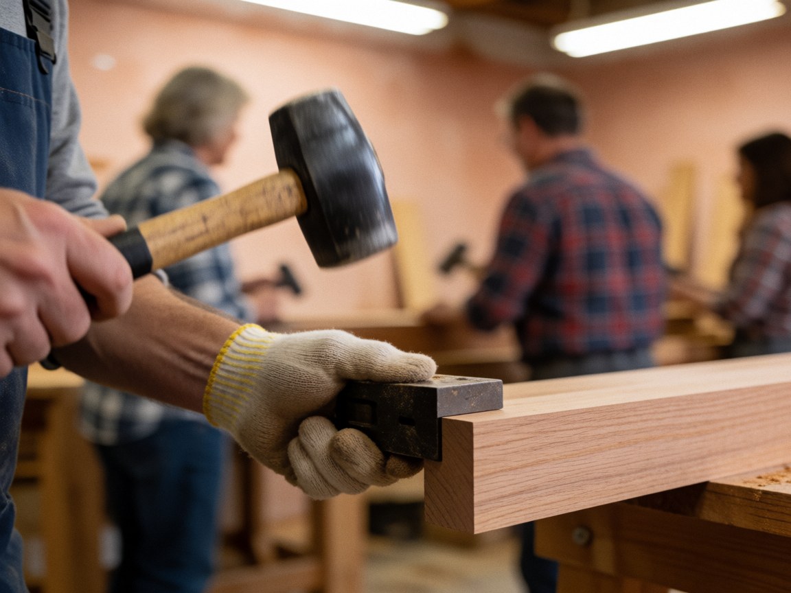 Gant protégeant une main tenant un bloc et un marteau sur du bois dans un atelier au fond flou.