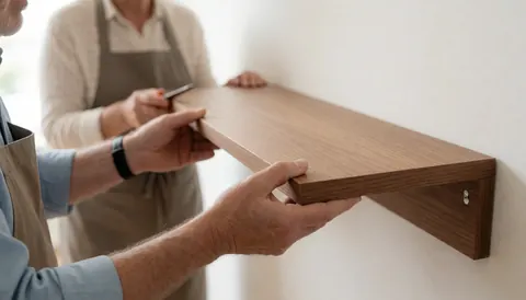 Des mains posent des planches de bois clair et sombre pour monter une étagère moderne contre un mur blanc, avec un outil visible.