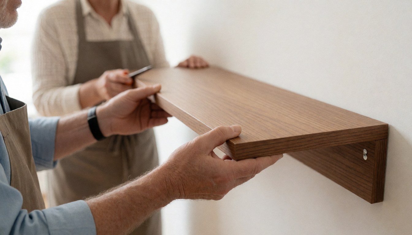 Des mains posent des planches de bois clair et sombre pour monter une étagère moderne contre un mur blanc, avec un outil visible.