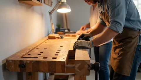 Un menuisier portant des gants de protection travaille sur une table en bois avec des outils, éclairage chaleureux et mur gris, un autre travailleur visible en arrière-plan.