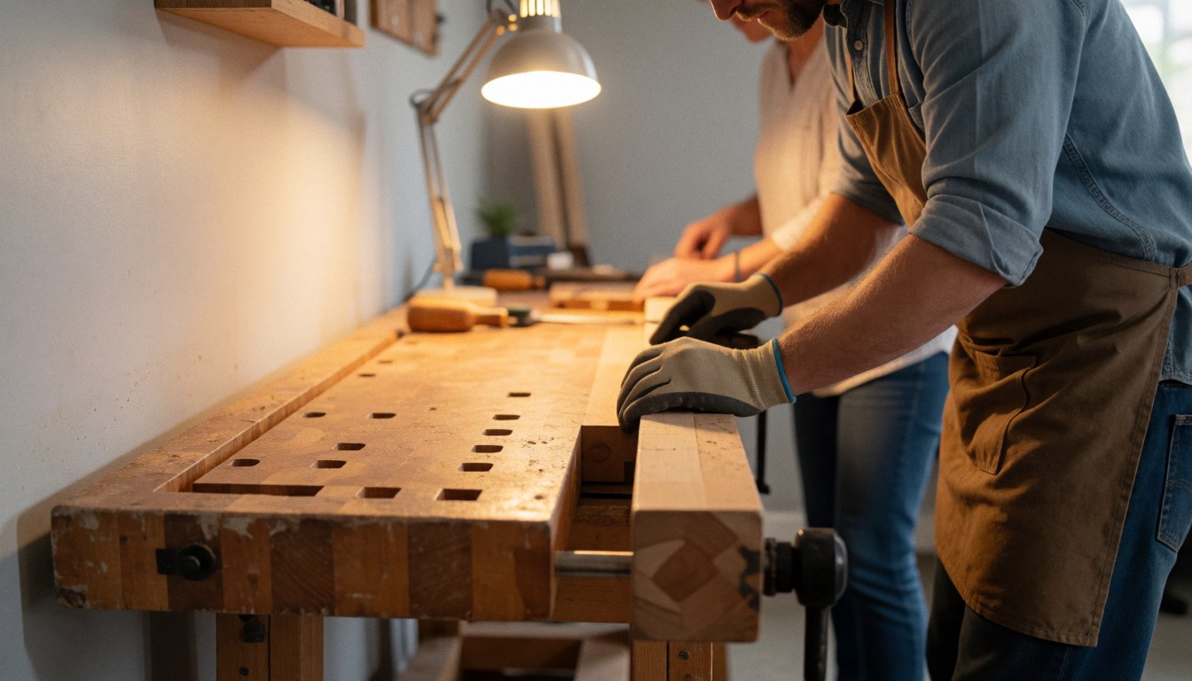 Un menuisier portant des gants de protection travaille sur une table en bois avec des outils, éclairage chaleureux et mur gris, un autre travailleur visible en arrière-plan.