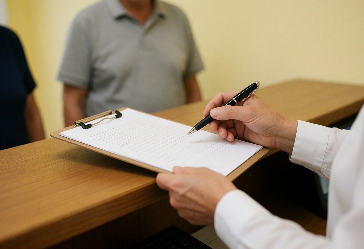 Un psychologue adulte signe un document sur une table en bois, avec des personnes floues en arrière-plan, évoquant un cadre professionnel et attentif.